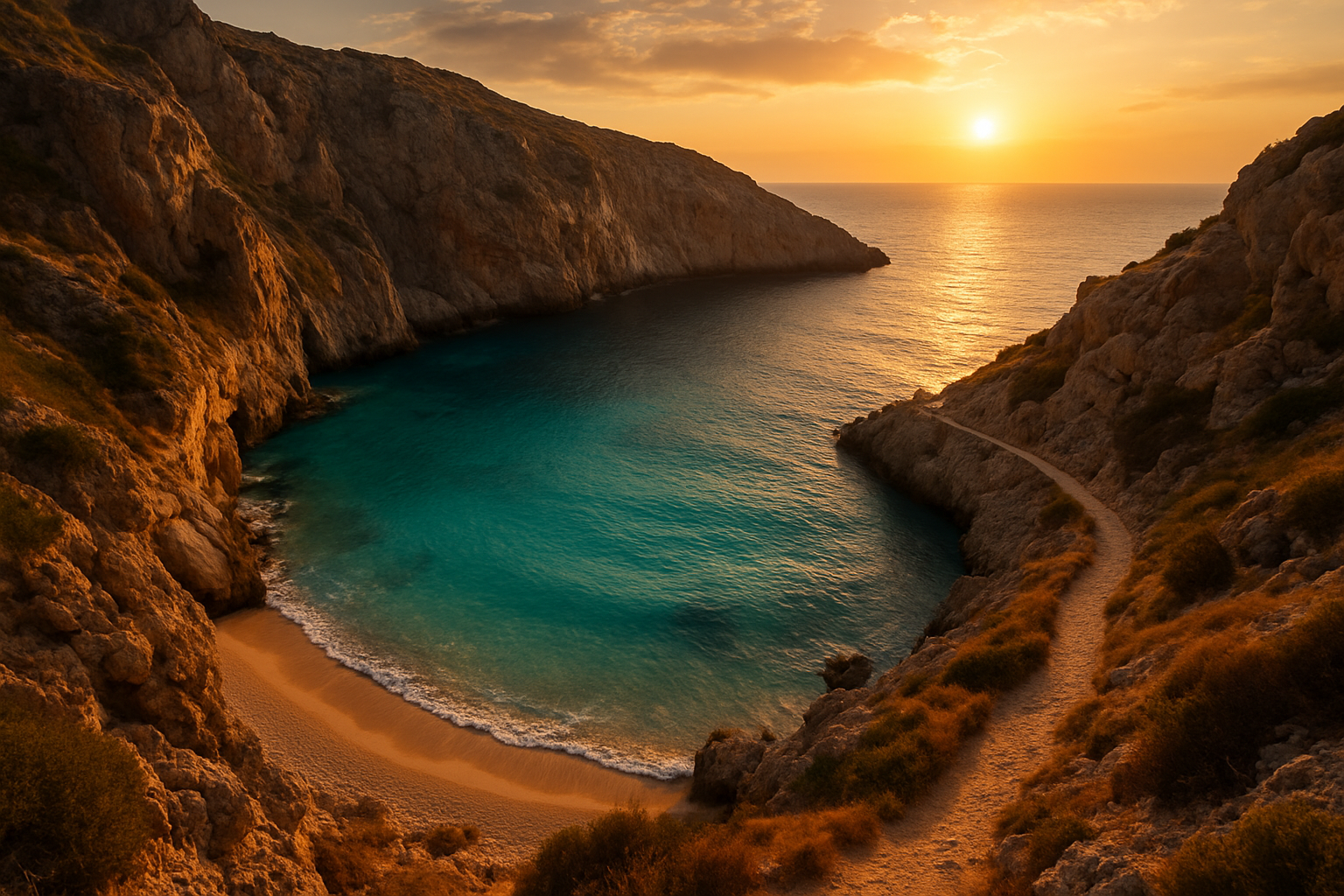 Crescent-shaped hidden coastline with turquoise water, rugged cliffs, and a narrow footpath in warm sunset light