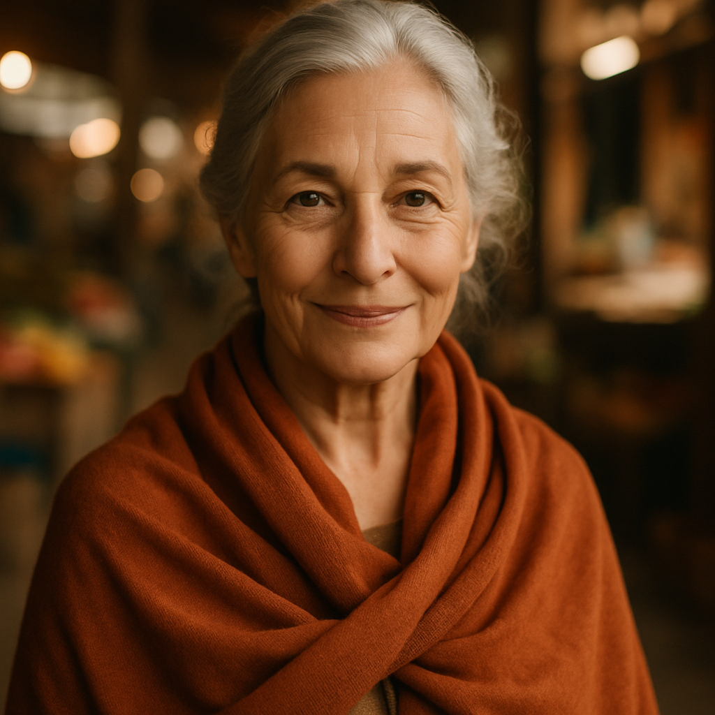 Portrait of an older woman with silver hair pulled back, wearing a warm terracotta shawl, smiling in soft indoor light