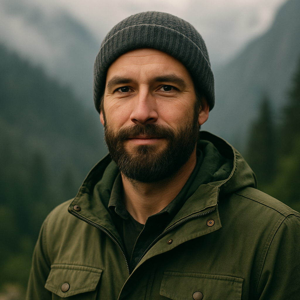 Portrait of a bearded man in his thirties wearing a charcoal knit beanie and a forest-green jacket, standing against misty mountains