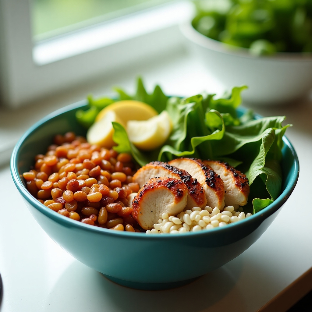 A vibrant bowl of grains, greens, and grilled chicken, perfect for runners