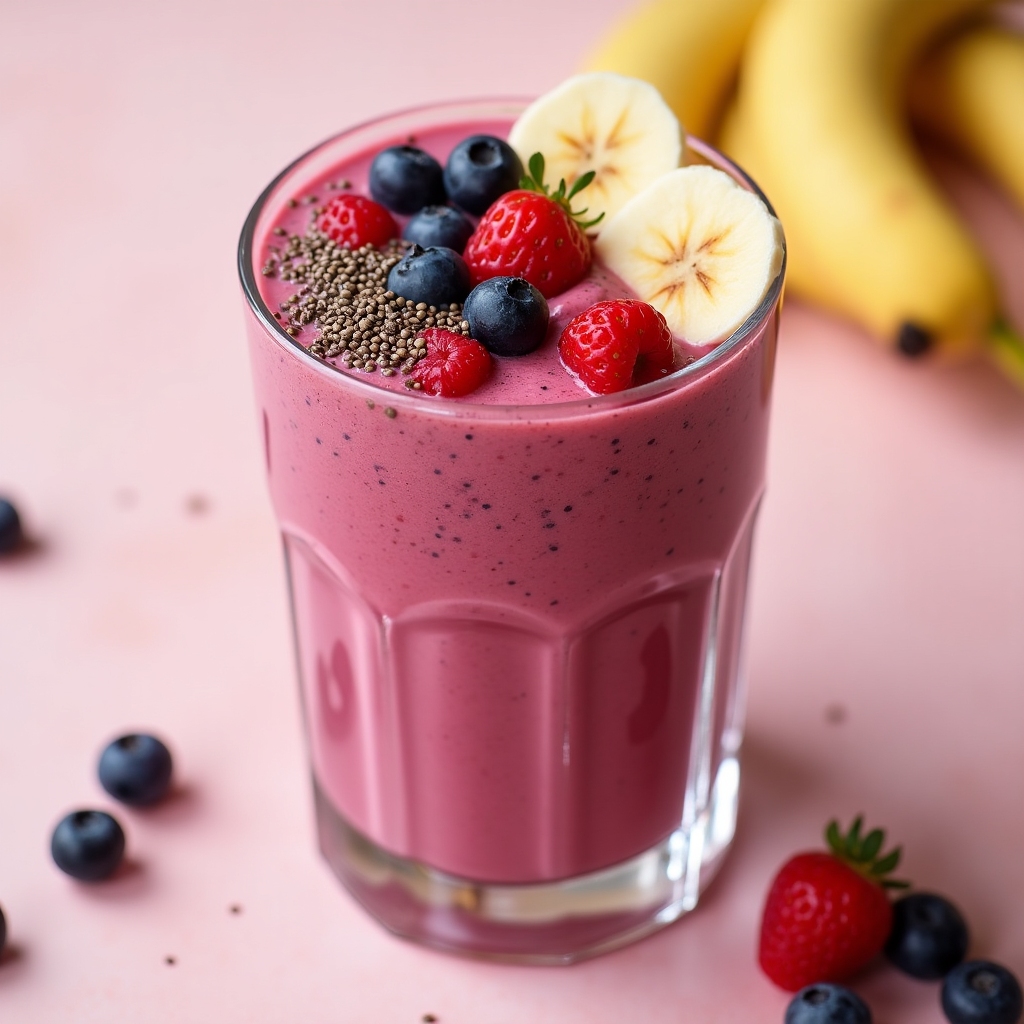 Bright fruit smoothie with berries, banana, and chia seeds in a clear glass