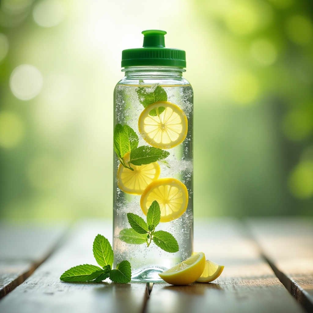 Reusable water bottle with lemon slices and mint, symbolizing hydration