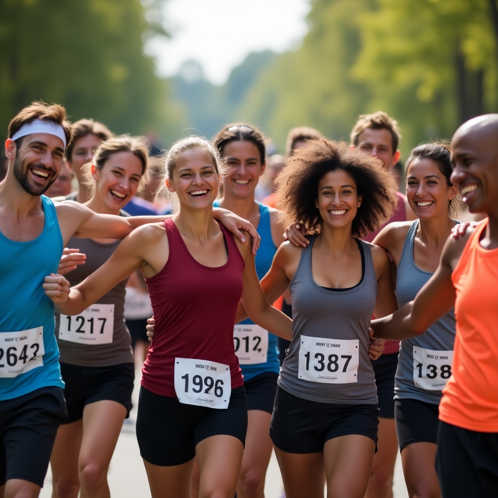 Group of diverse runners cheering together