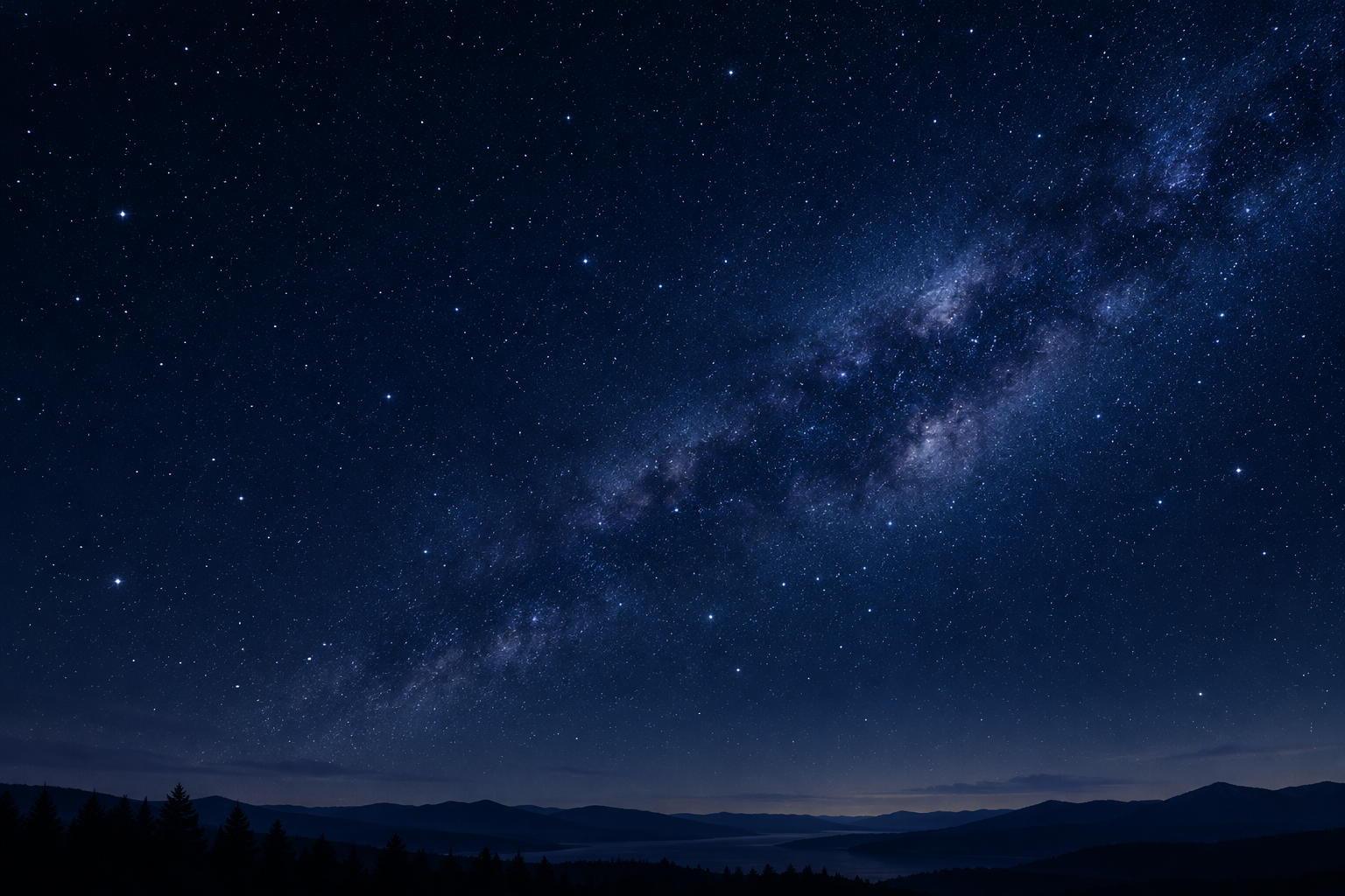Wide view of a deep navy night sky with soft stars and a faint Milky Way glow, calm and unobtrusive