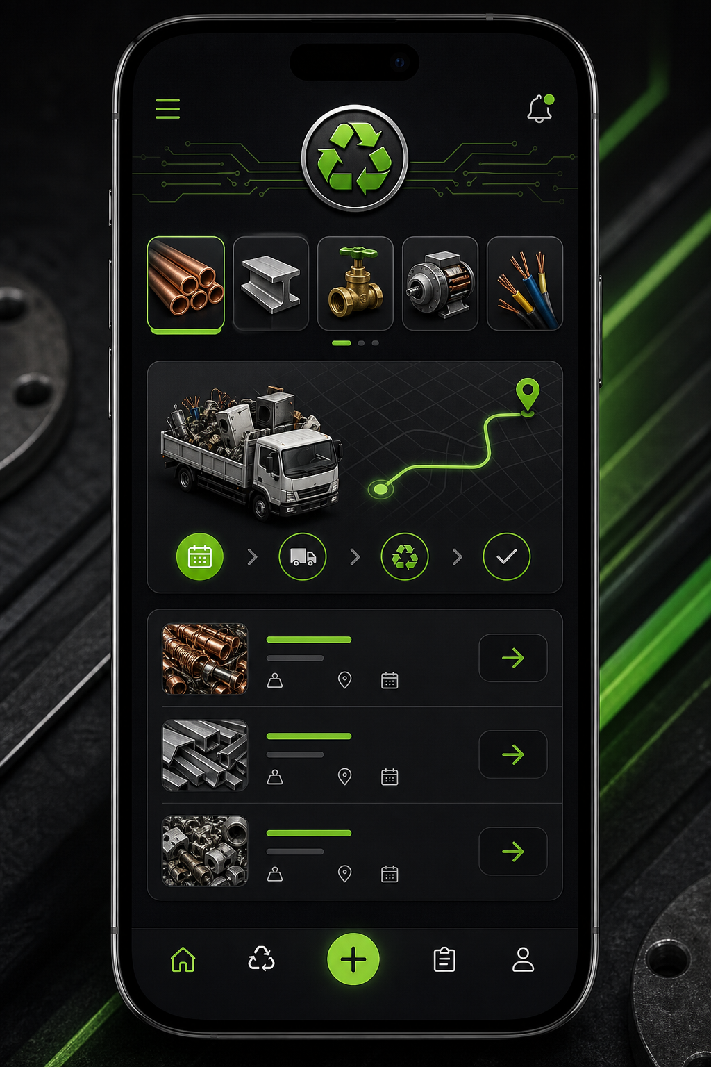 Mobile app screen showing scrap identification, pickup list, and workflow tracking