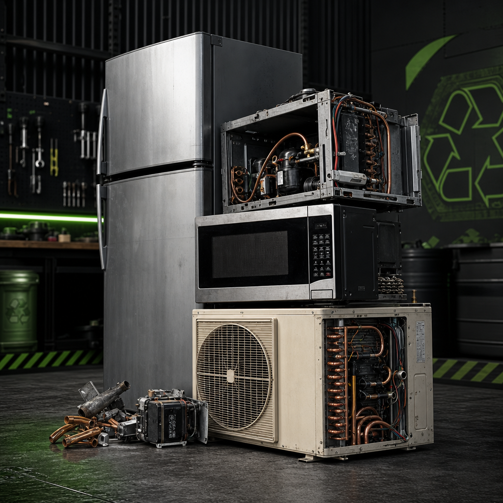 Stack of dismantled household appliances including a fridge, microwave, and air-conditioner condenser with visible copper tubing