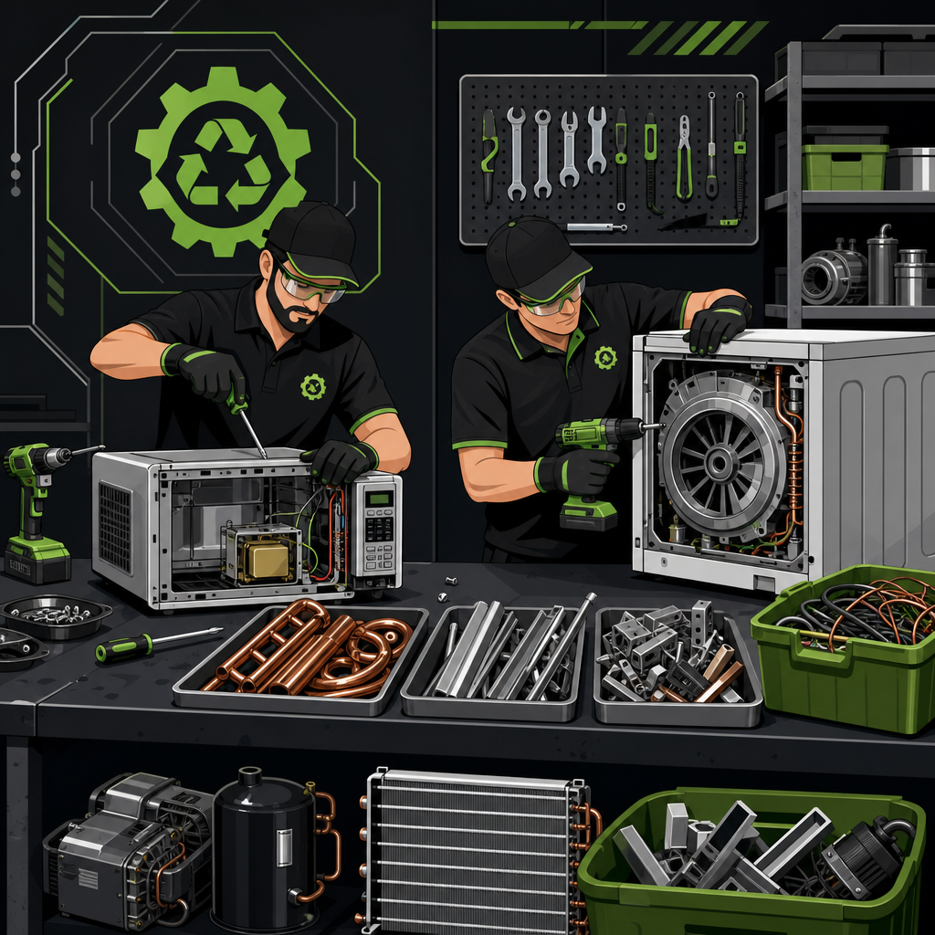 Workers disassembling goods