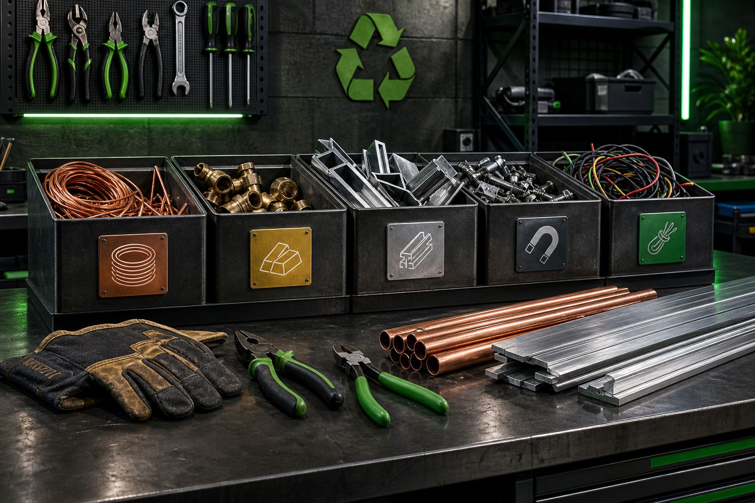 A modern scrap sorting workbench with labeled metal bins, gloves, tools, and neatly stacked copper and aluminium pieces in an industrial workshop
