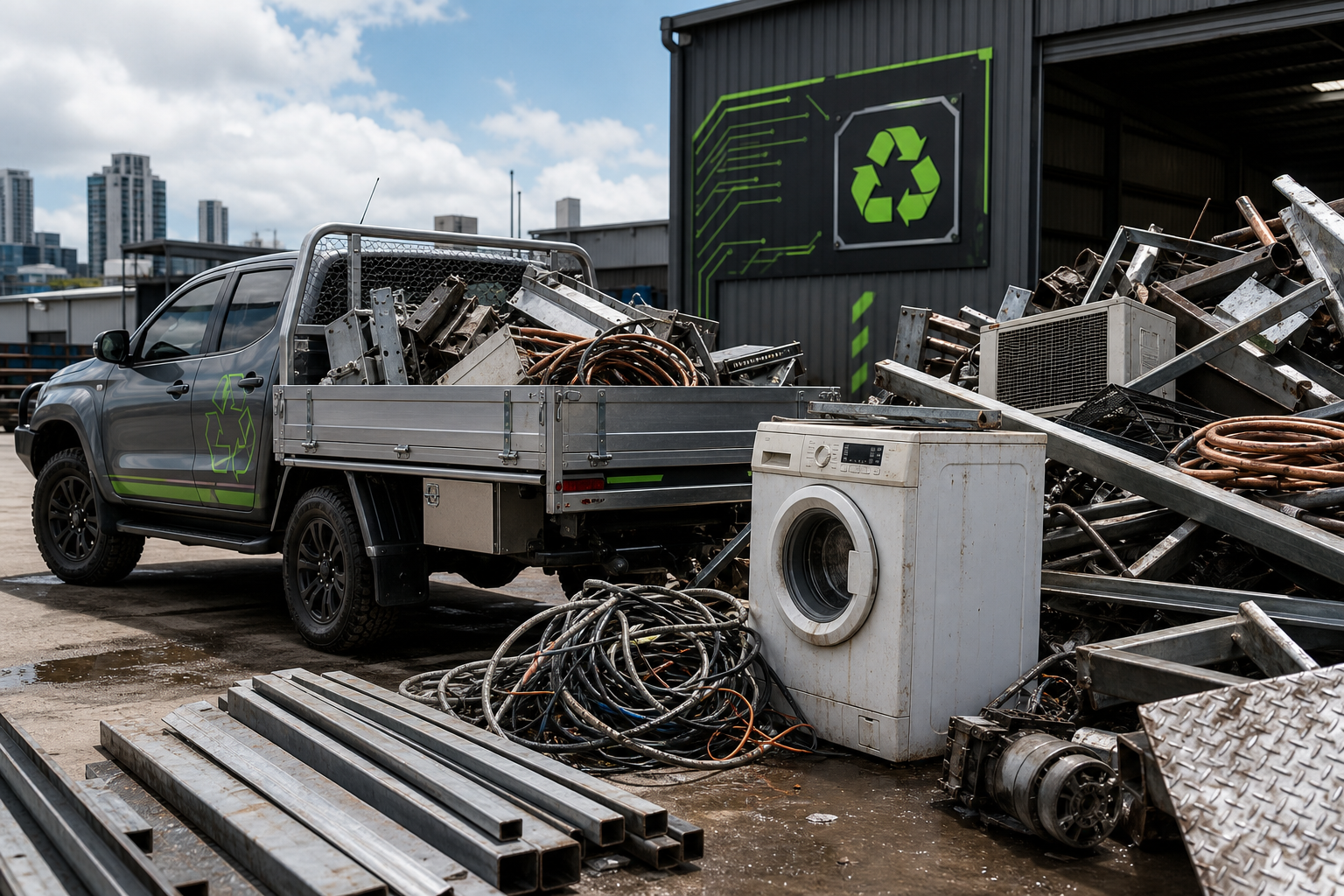 Scrap collection scene with a utility ute beside a pile of mixed metal, an old washing machine, and coiled electrical cables in an industrial yard