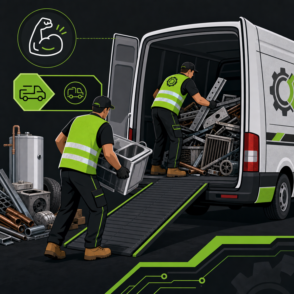 Two workers loading the pile into the van labeled We load up
