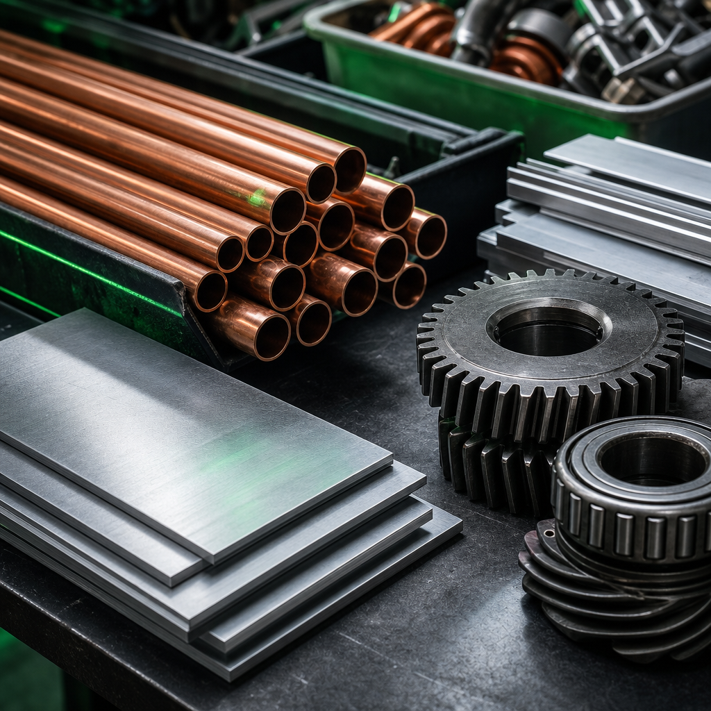 Close-up of clean sorted metal parts including copper pipes, aluminium sheets, and steel gears on a workshop bench