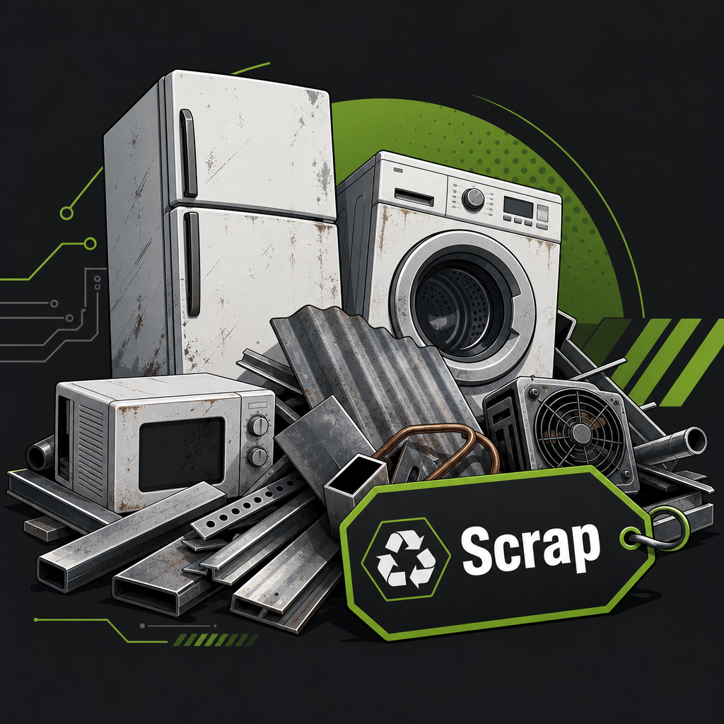 Pile of old whitegoods, scrap metal, and appliances labeled Scrap