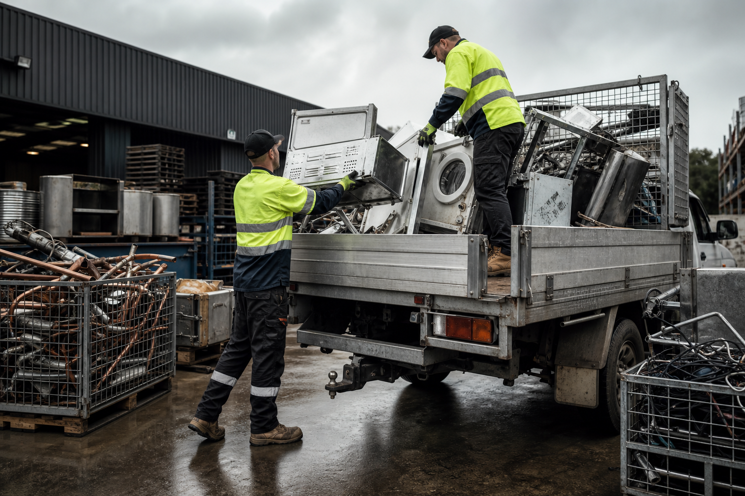 Local scrap collectors loading metal appliances and mixed scrap onto a ute in a clean industrial yard