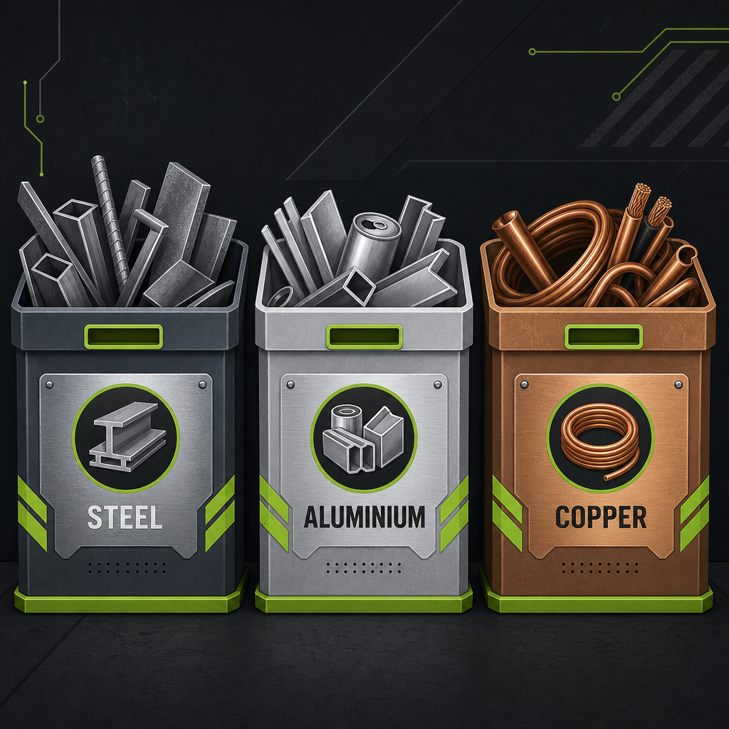 Three boxes each labeled with different metals for sorting