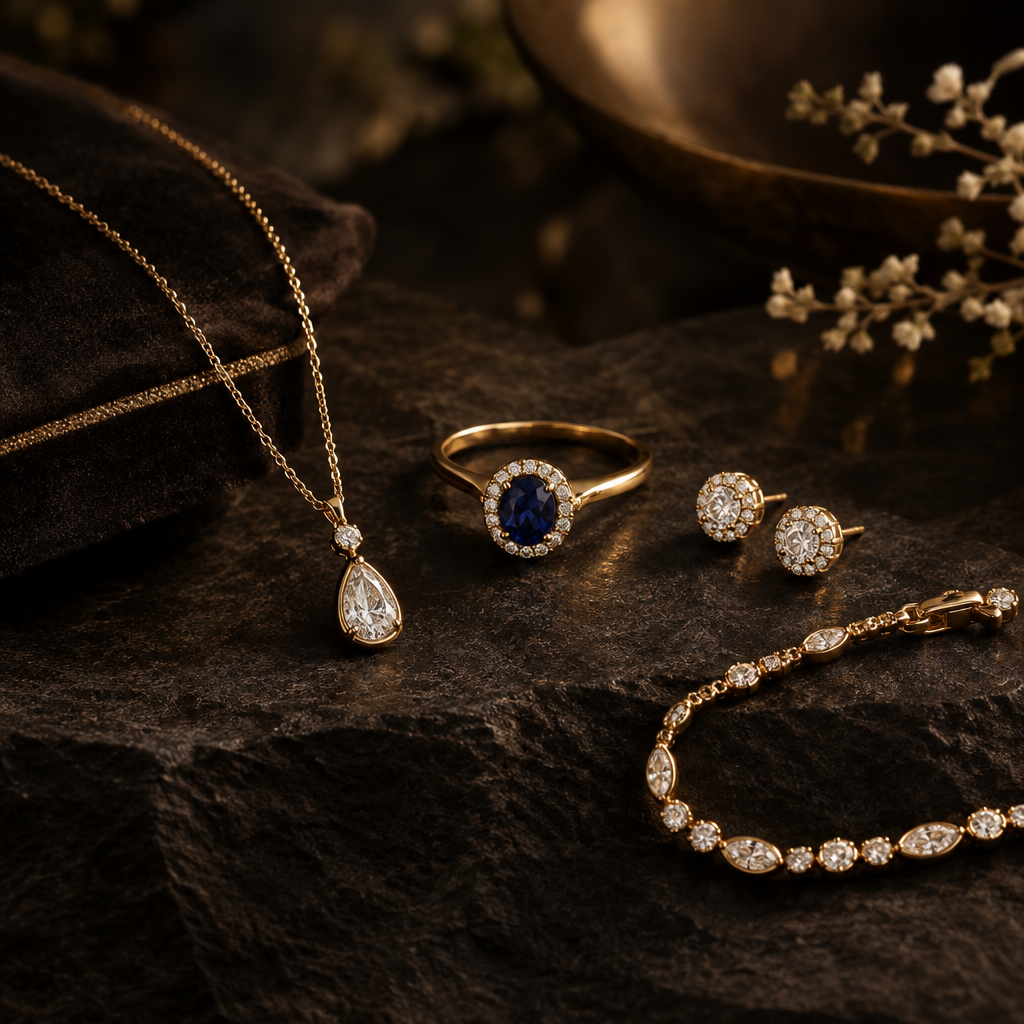 Everyday Elegance jewelry collection close-up in soft luxury lighting