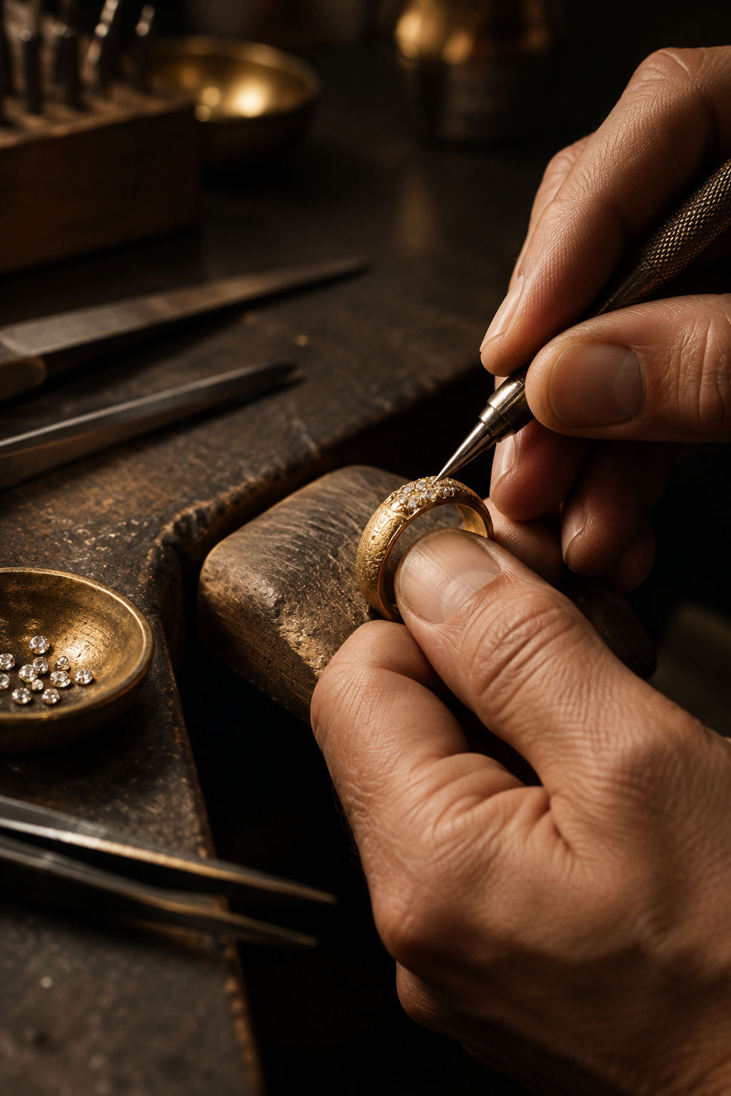 Close-up of a jeweler's hands shaping a gold ring with precision tools under soft studio lighting