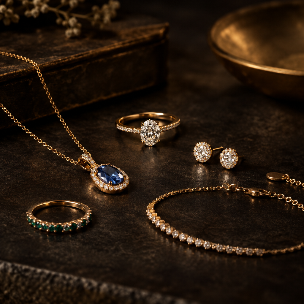 Custom Favorites jewelry collection close-up in soft luxury lighting
