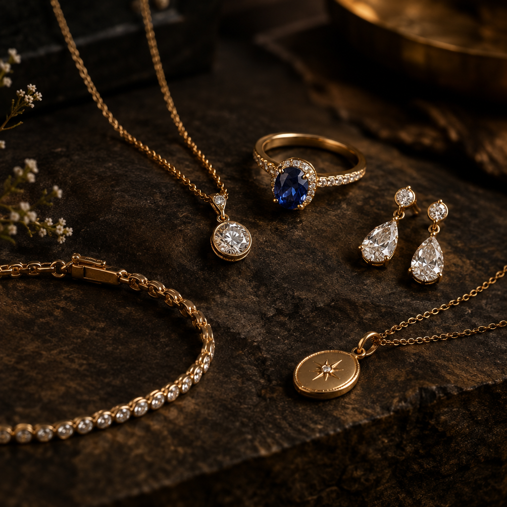 Milestone Pieces jewelry collection close-up in soft luxury lighting