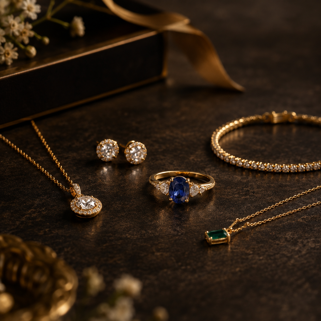 Signature Gifts jewelry collection close-up in soft luxury lighting