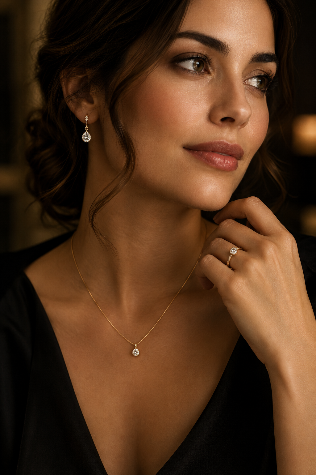 Portrait close-up of elegant fine jewelry on a model in soft premium lighting, featuring a delicate gold necklace, matching earrings, and a handcrafted ring with intimate gift-worthy mood