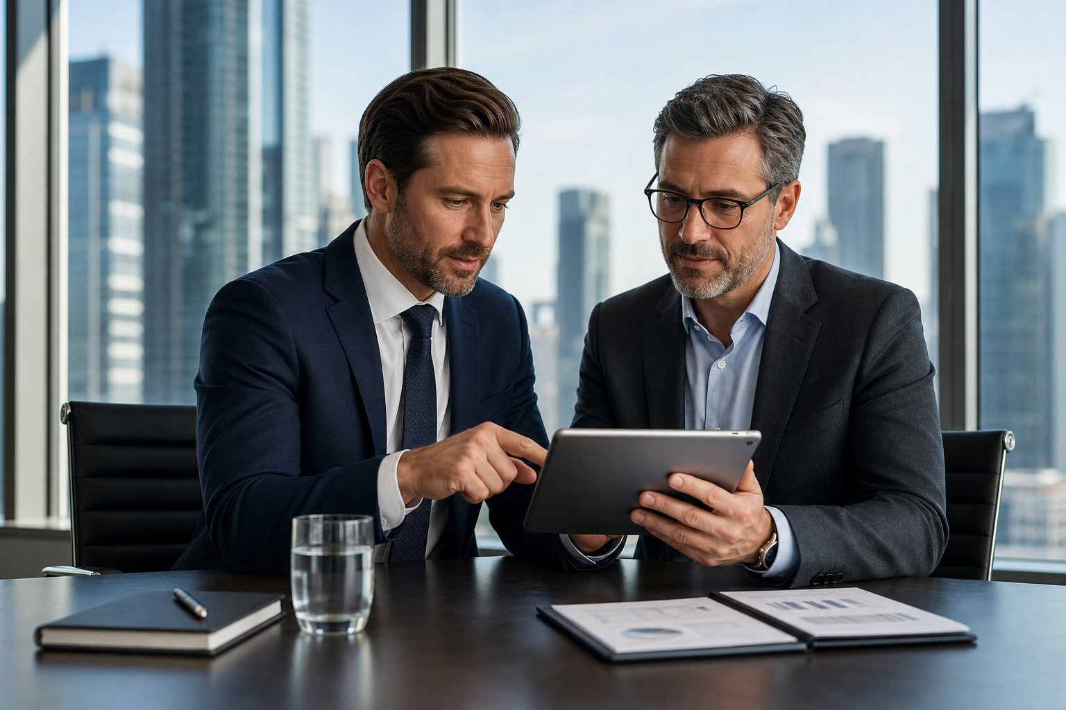 Two business executives in a modern conference room reviewing growth strategy on a tablet, with a skyline view and a premium corporate ambiance