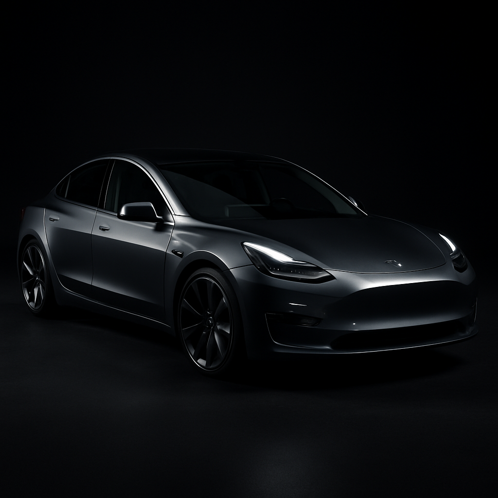 Tesla Model 3 in midnight silver with low sporty stance and sleek headlights