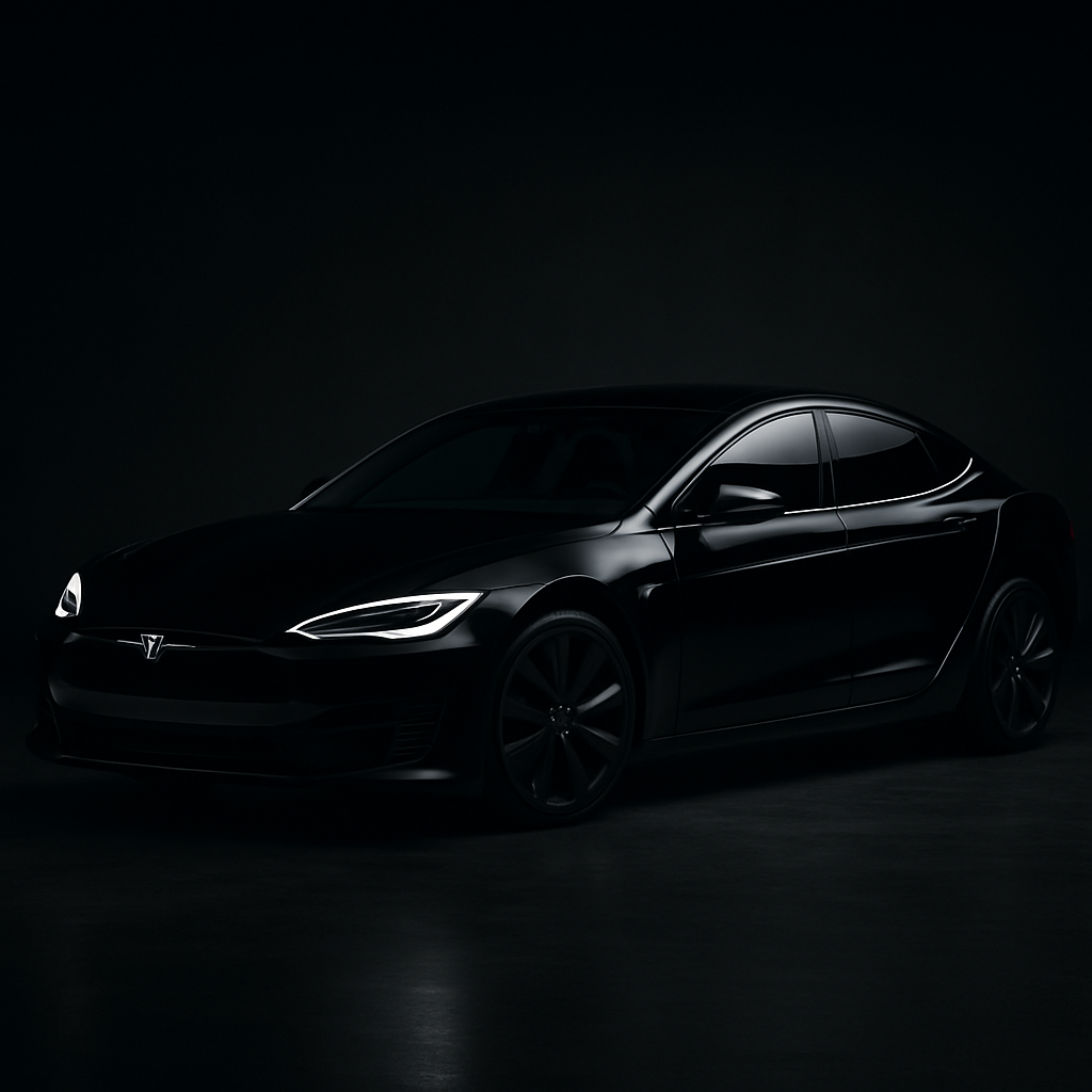 Tesla Model S in glossy black with long fastback profile under studio lighting