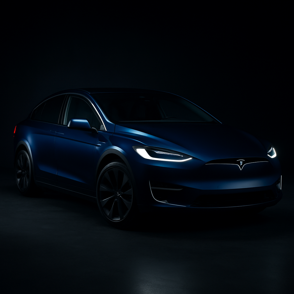 Tesla Model X in deep blue with falcon-wing doors hinted, tall luxury SUV profile