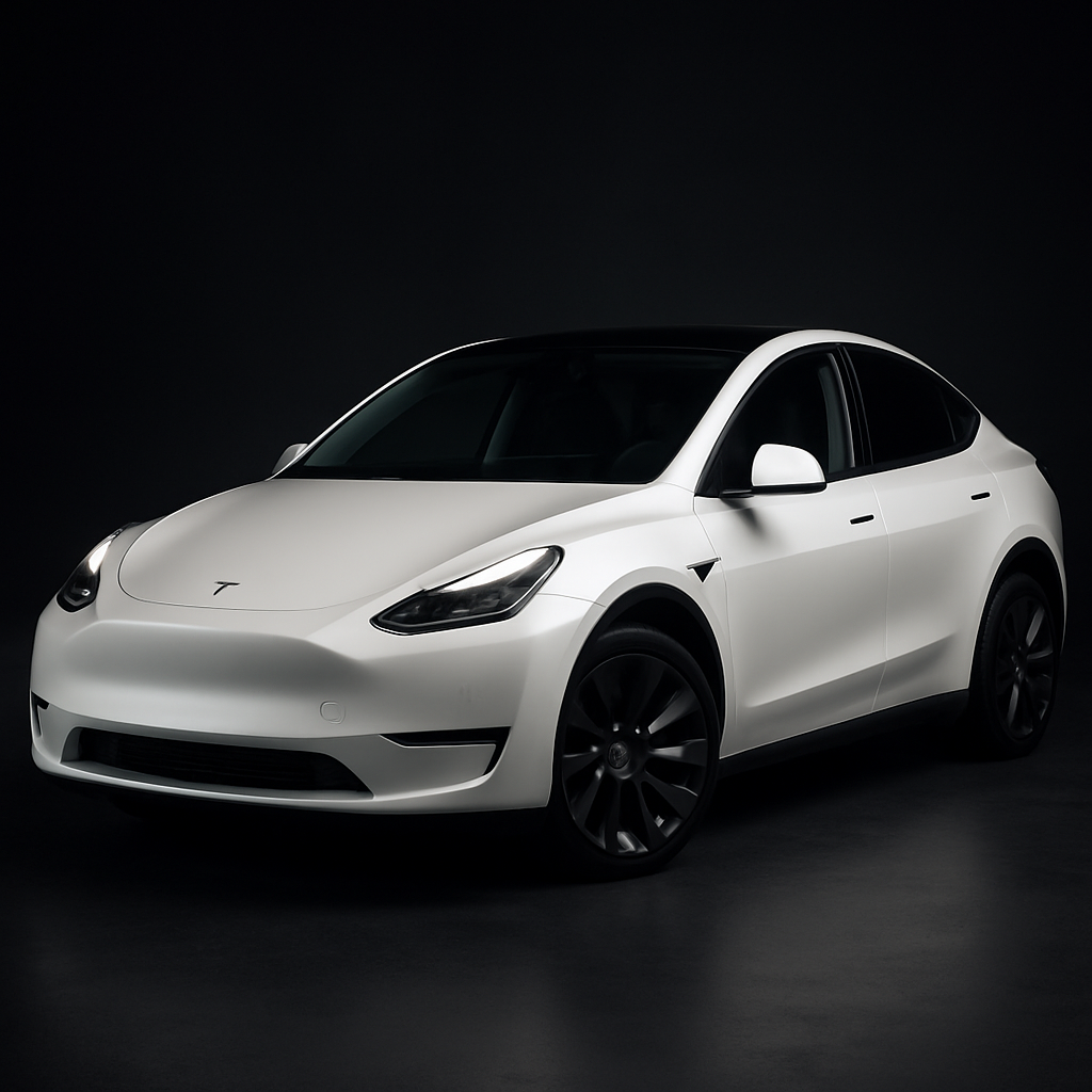 Tesla Model Y in pearl white with compact crossover silhouette and panoramic roof