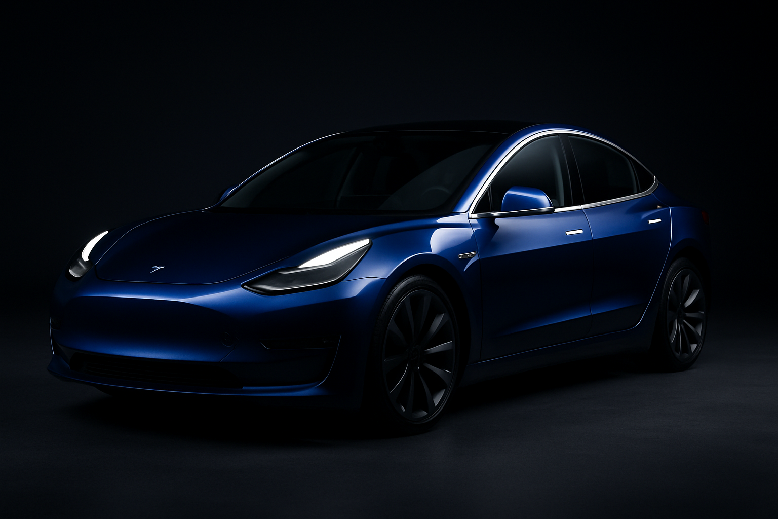 Tesla Model 3 in deep metallic blue, low angle studio lighting, sleek sedan profile