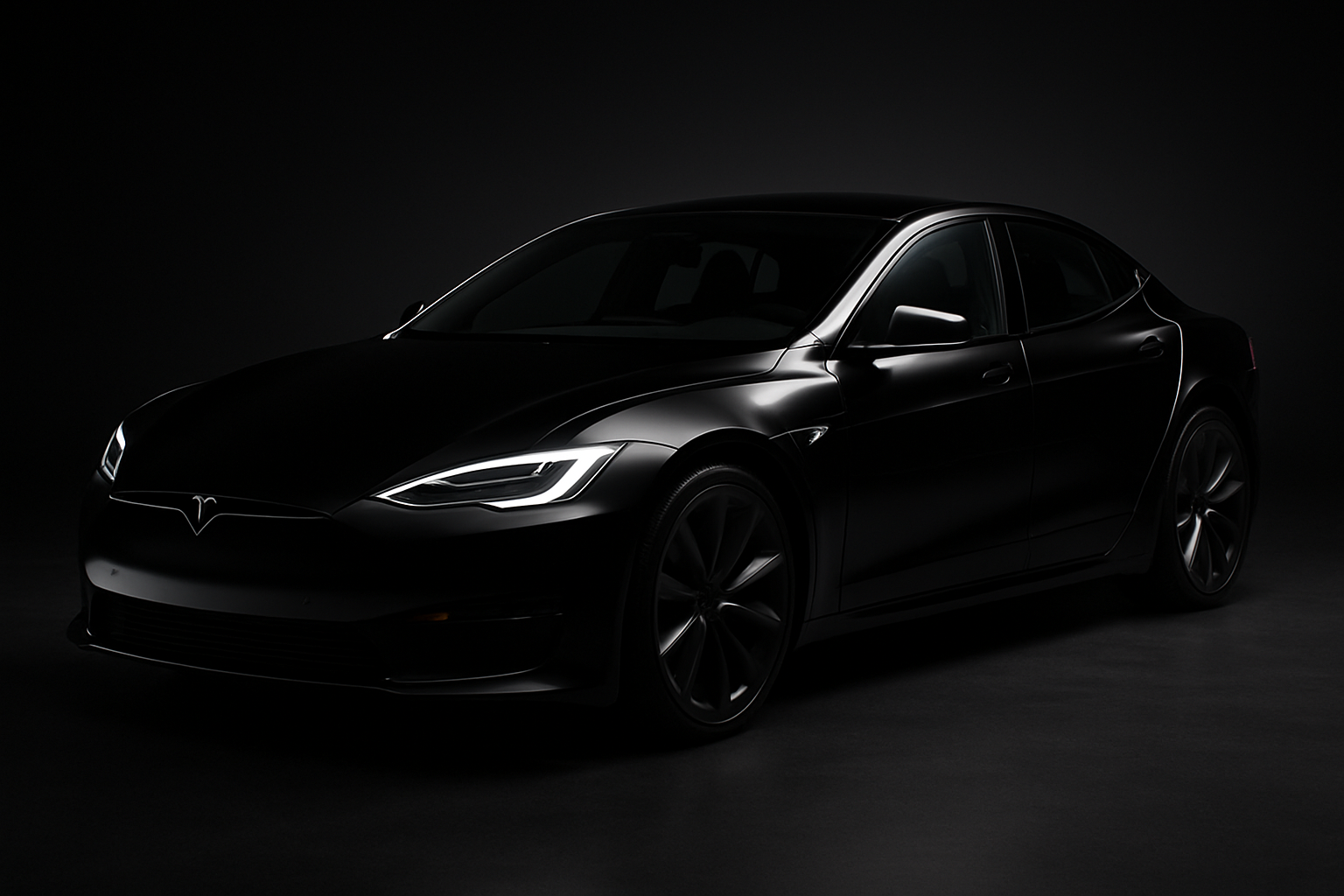 Tesla Model S in glossy black, front three-quarter view, premium studio backdrop