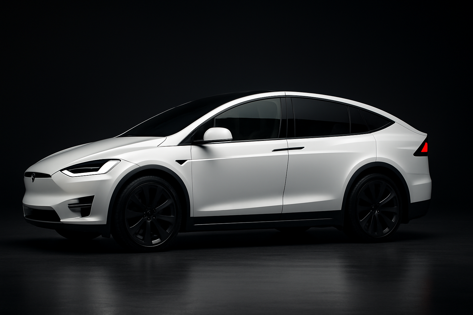 Tesla Model X in pearl white, side profile with falcon doors hint, clean studio scene