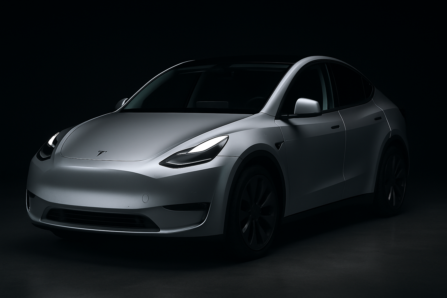 Tesla Model Y in silver, front profile, modern urban studio lighting