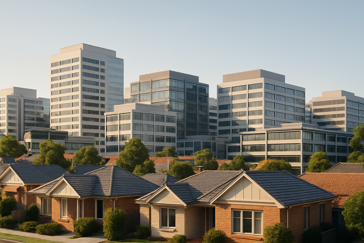 Modern Australian city skyline with residential homes and office buildings