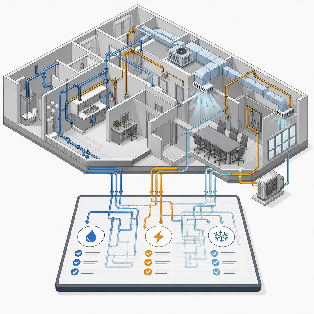 Isometric technical illustration of a building floor plan linking plumbing lines, electrical circuits, and HVAC ducts through one coordinated maintenance workflow