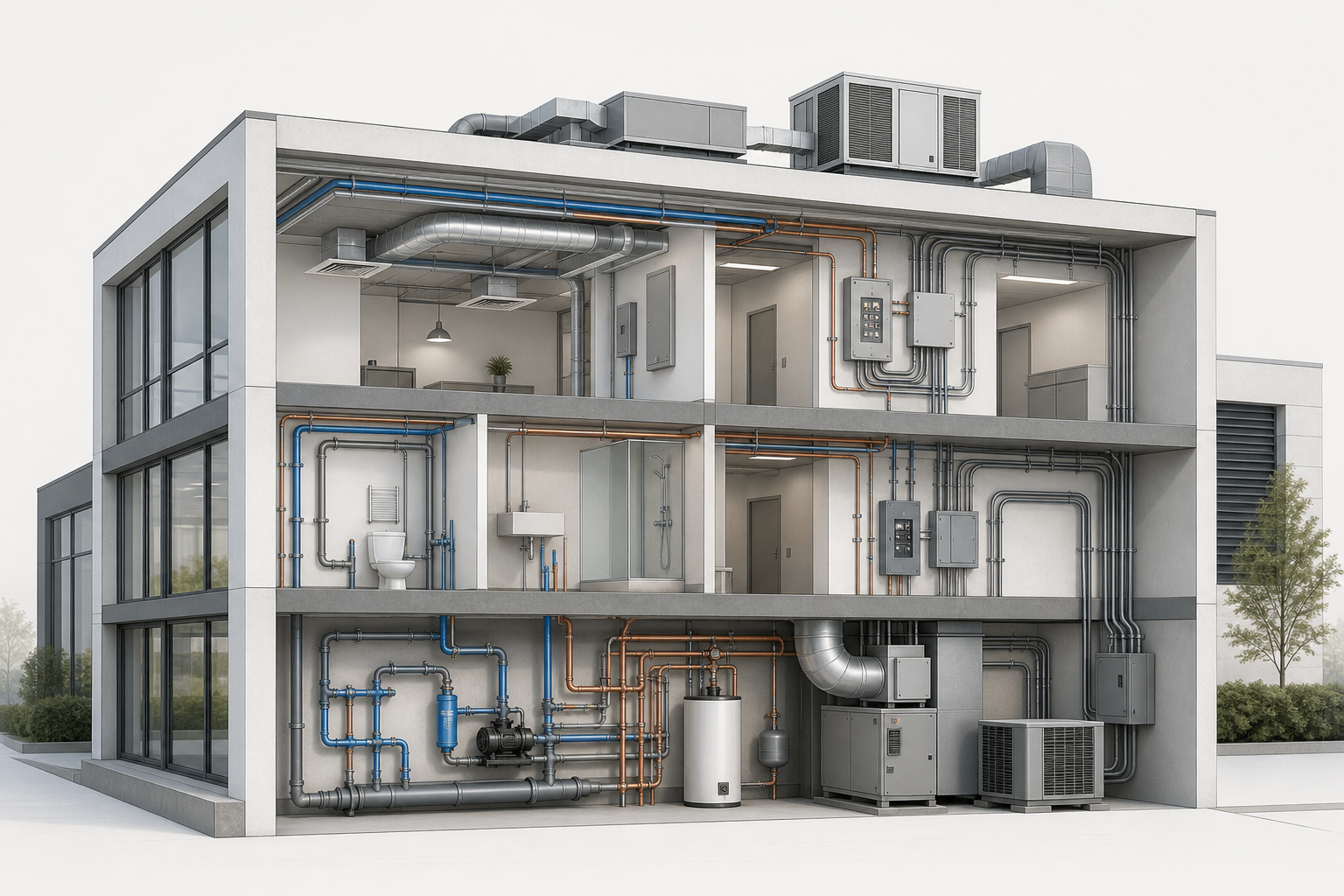 Professional engineering services illustration showing coordinated plumbing lines, electrical conduits, and HVAC ductwork around a modern building section