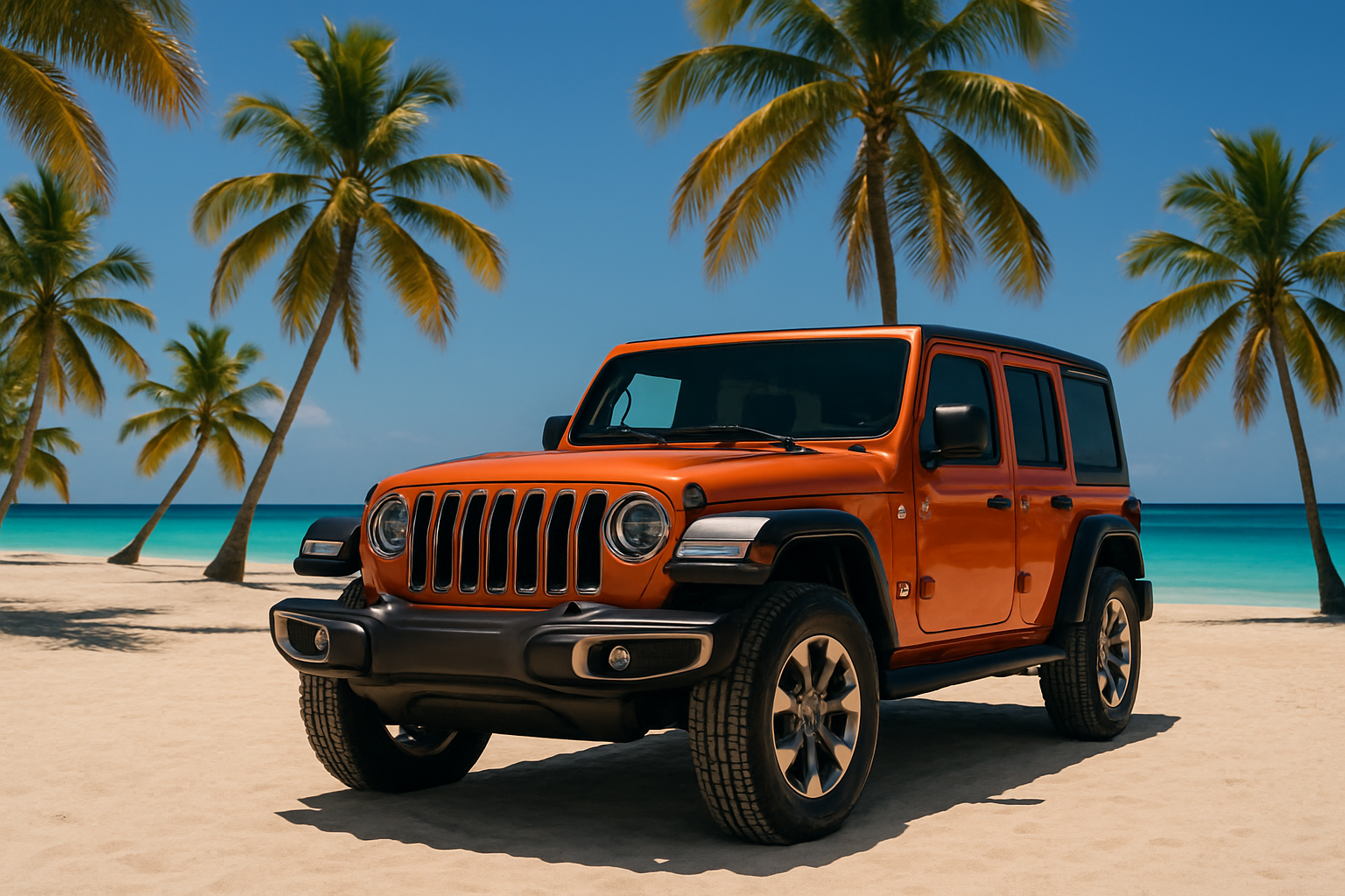 Premium Jeep Wrangler on a bright Dominican beach with palm trees