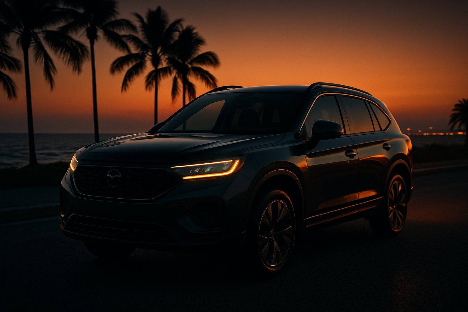 Modern SUV rental vehicle at sunset