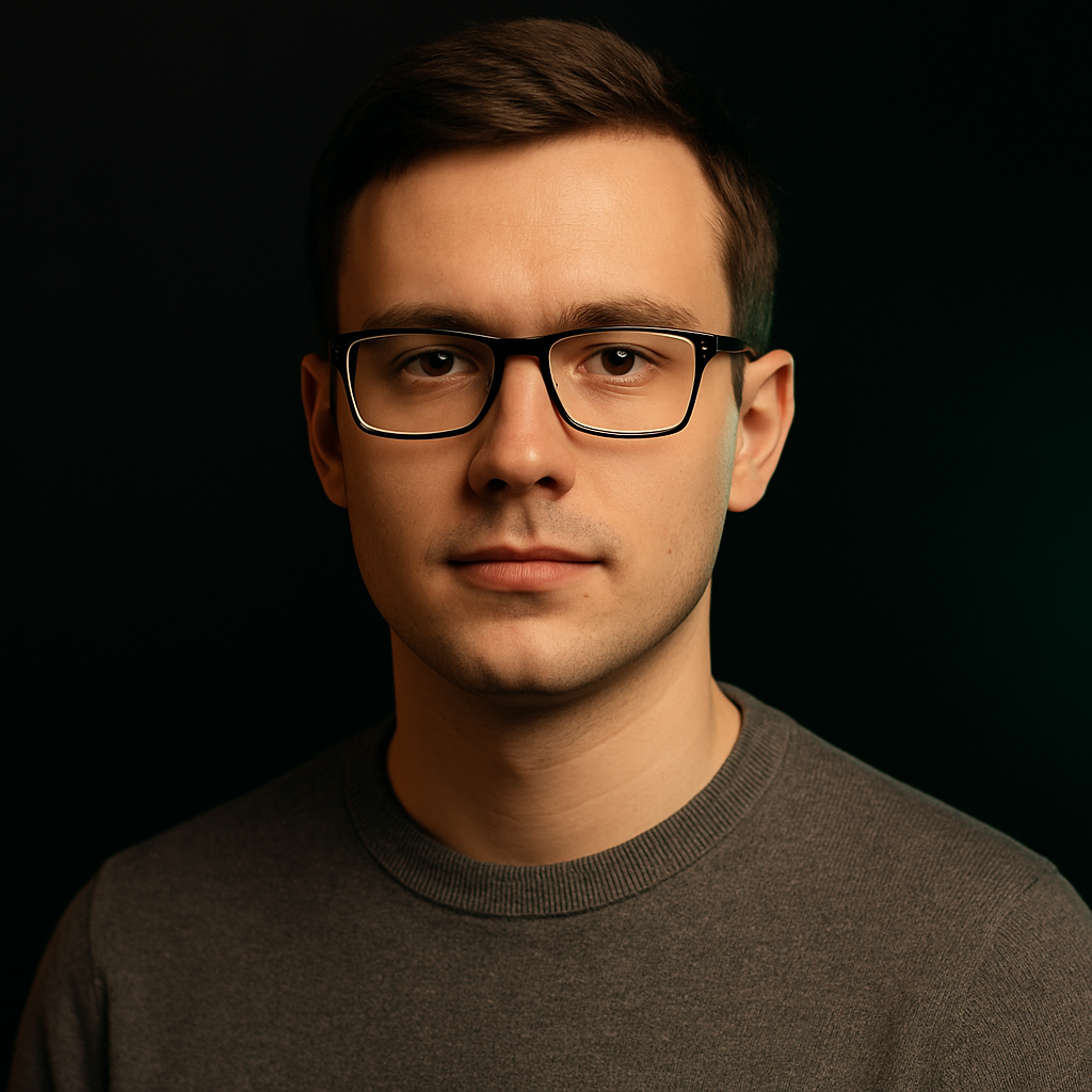Portrait of Dmytro Shevchuk, a man with glasses and a grey crew-neck sweater