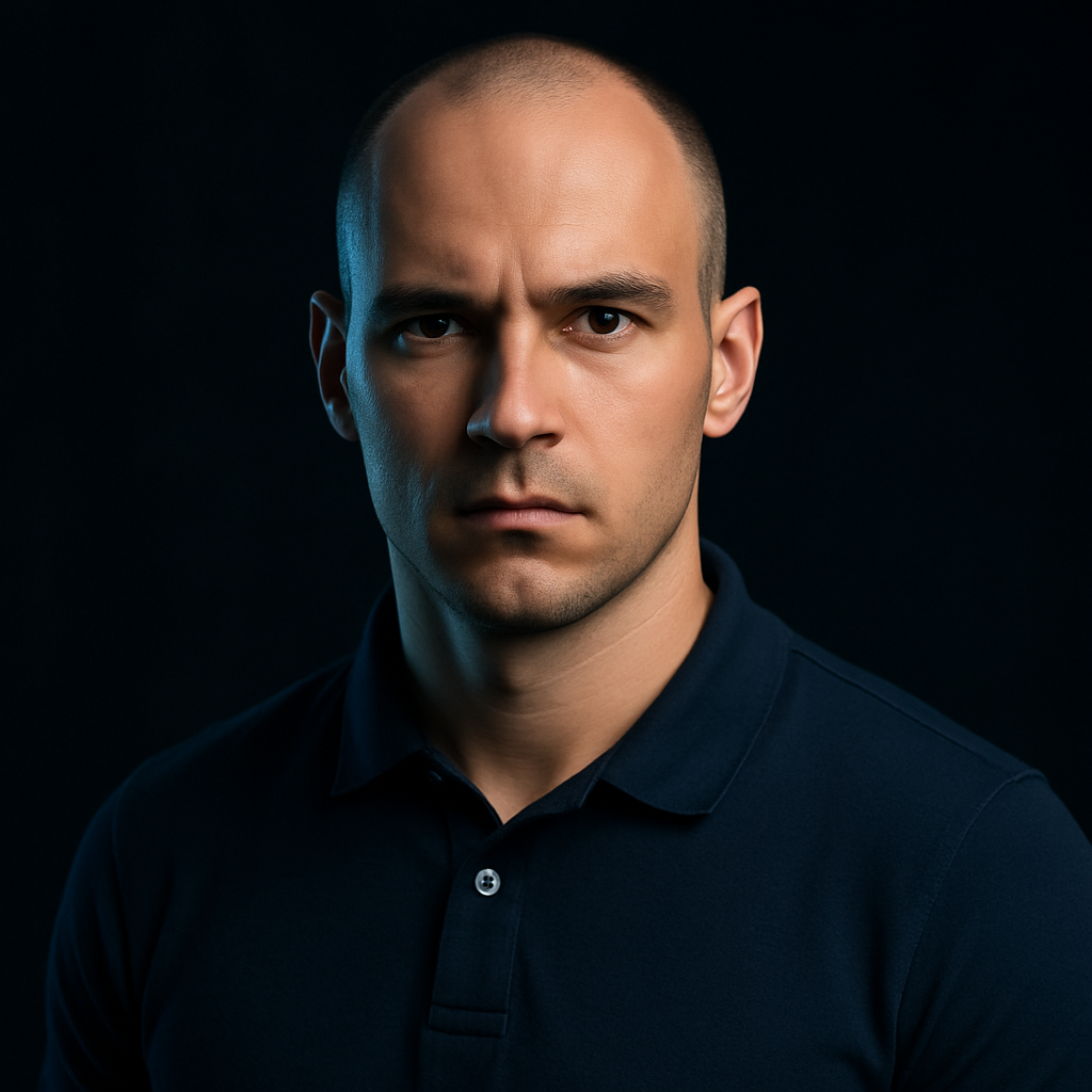 Portrait of Ivan Marchuk, a man with a shaved head wearing a navy polo shirt