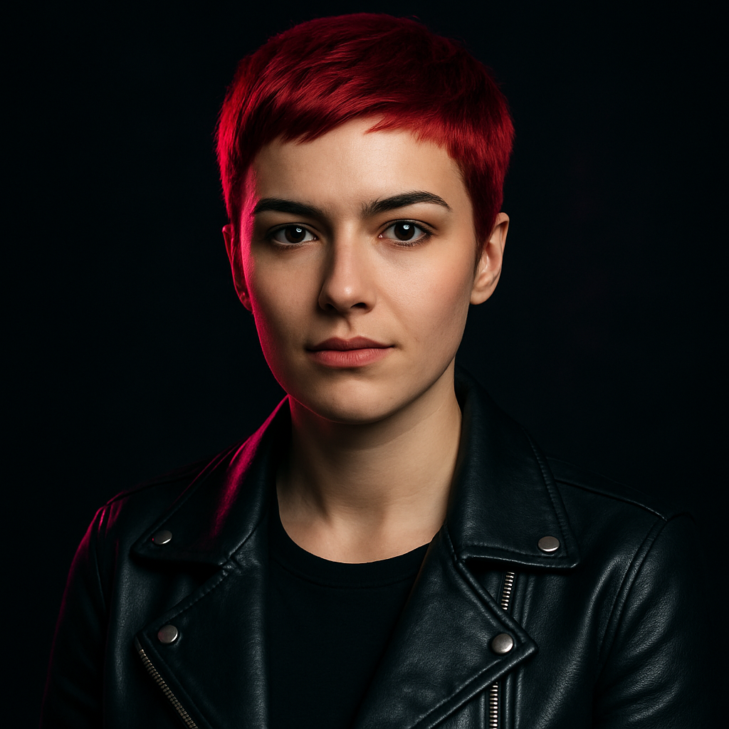 Portrait of Kateryna Pavlenko, a woman with a red pixie cut wearing a leather jacket