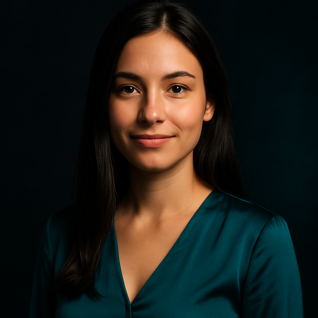 Portrait of Maria Tsvyk, a woman with long dark hair wearing a teal top