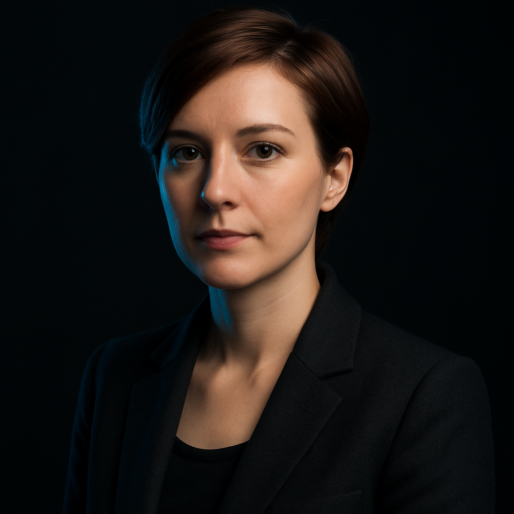 Portrait of Olena Kravchenko, a woman with short auburn hair wearing a dark blazer