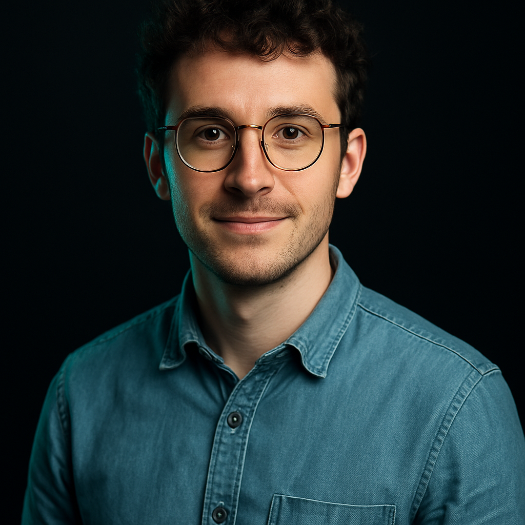 Portrait of Taras Hrytsenko, a man with curly brown hair and round glasses wearing a denim shirt