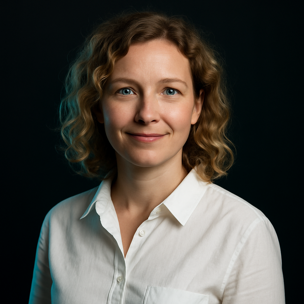Portrait of Yana Lysenko, a woman with blonde curly hair and a white blouse