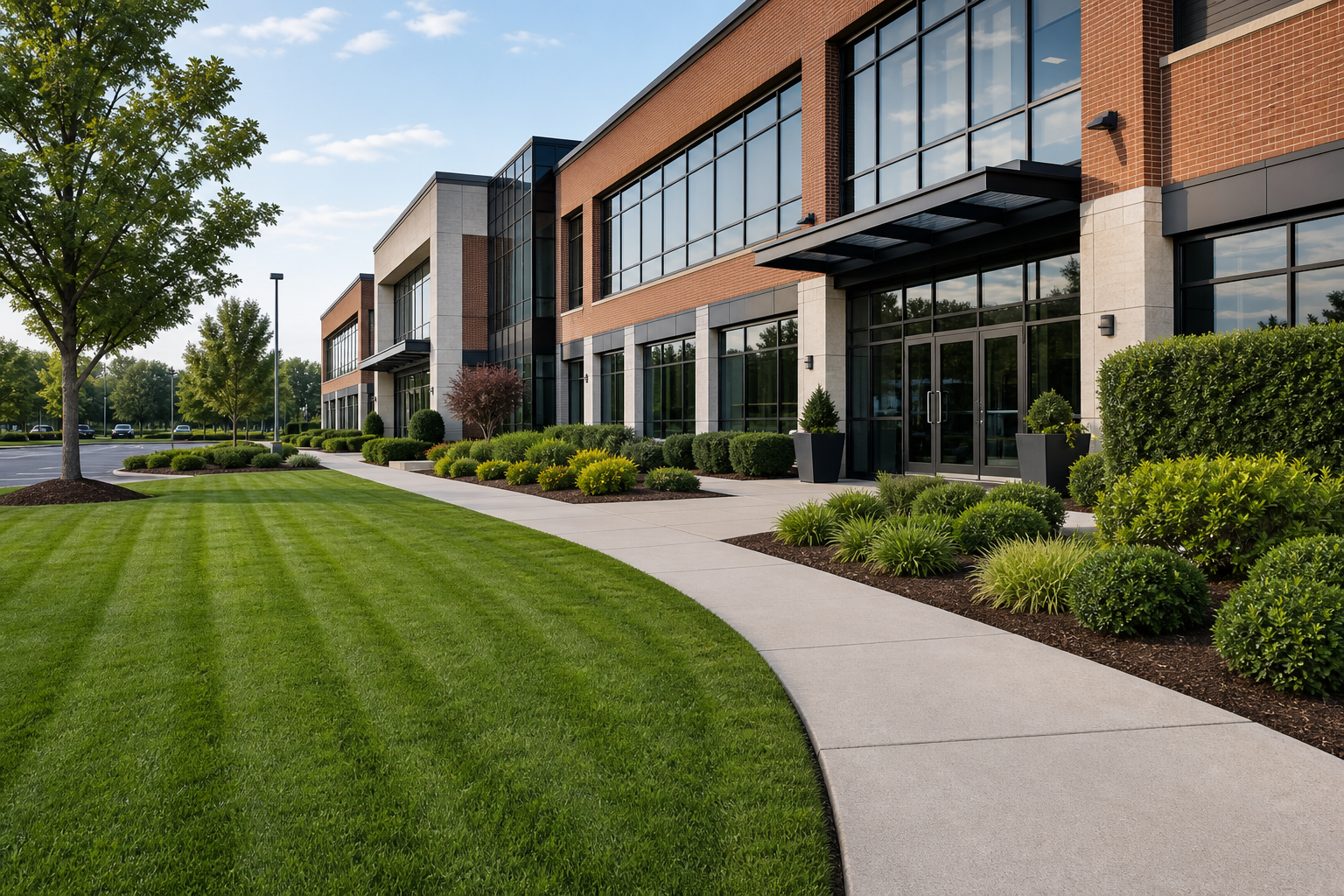 Polished commercial office and retail property exterior with neatly edged lawns, trimmed shrubs, clean walkways, and professional landscaping maintenance