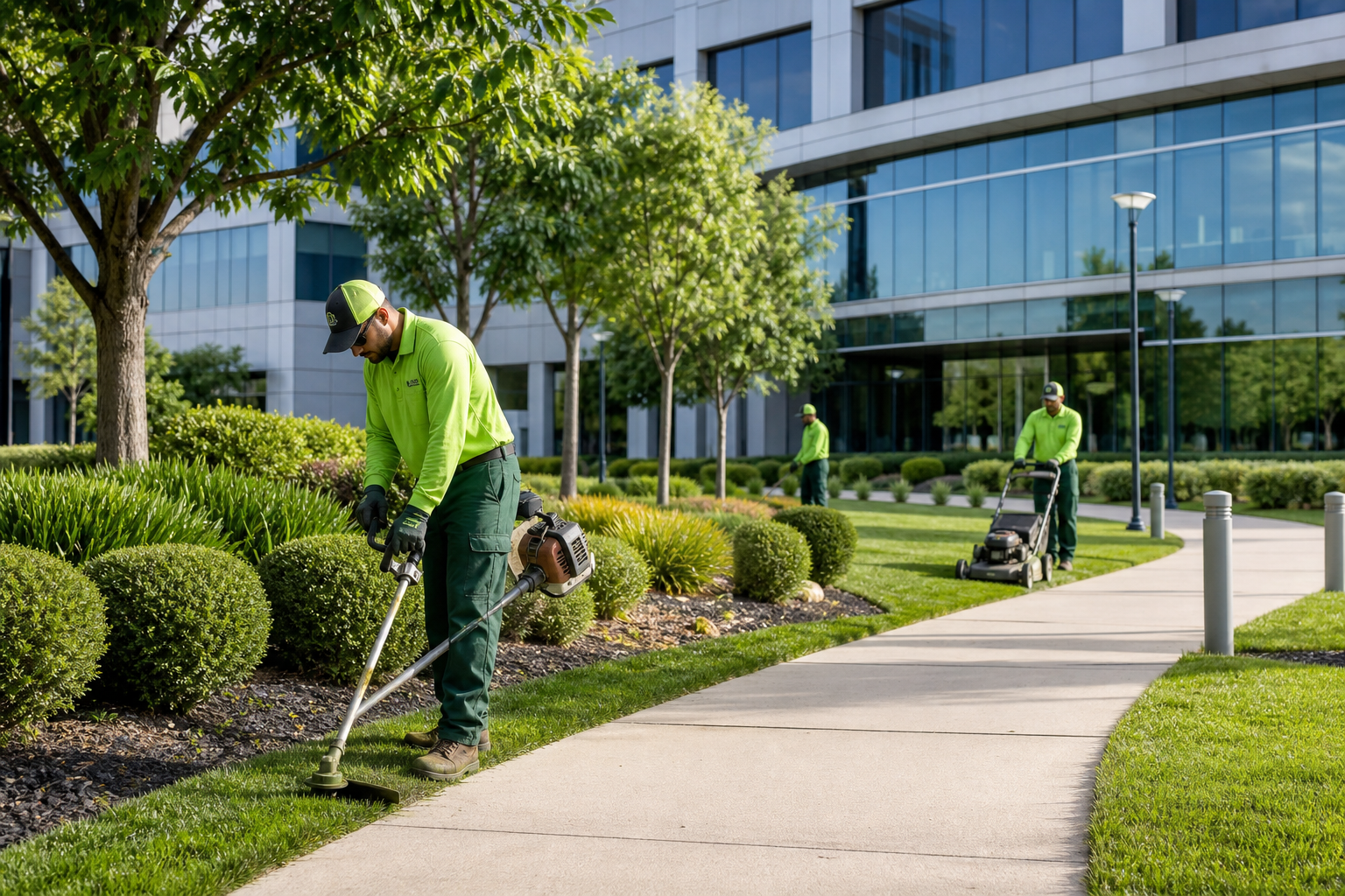 Professional commercial landscaping crew maintaining the grounds of a modern office property