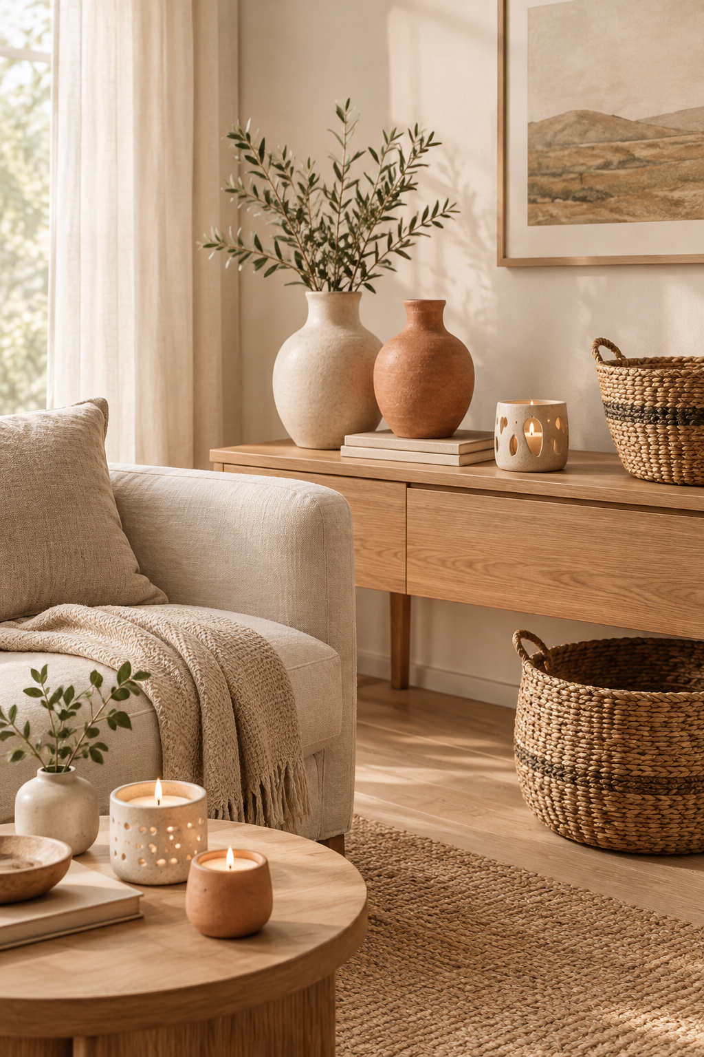 Styled interior scene with ceramic vases, woven baskets, and candle holders in warm daylight