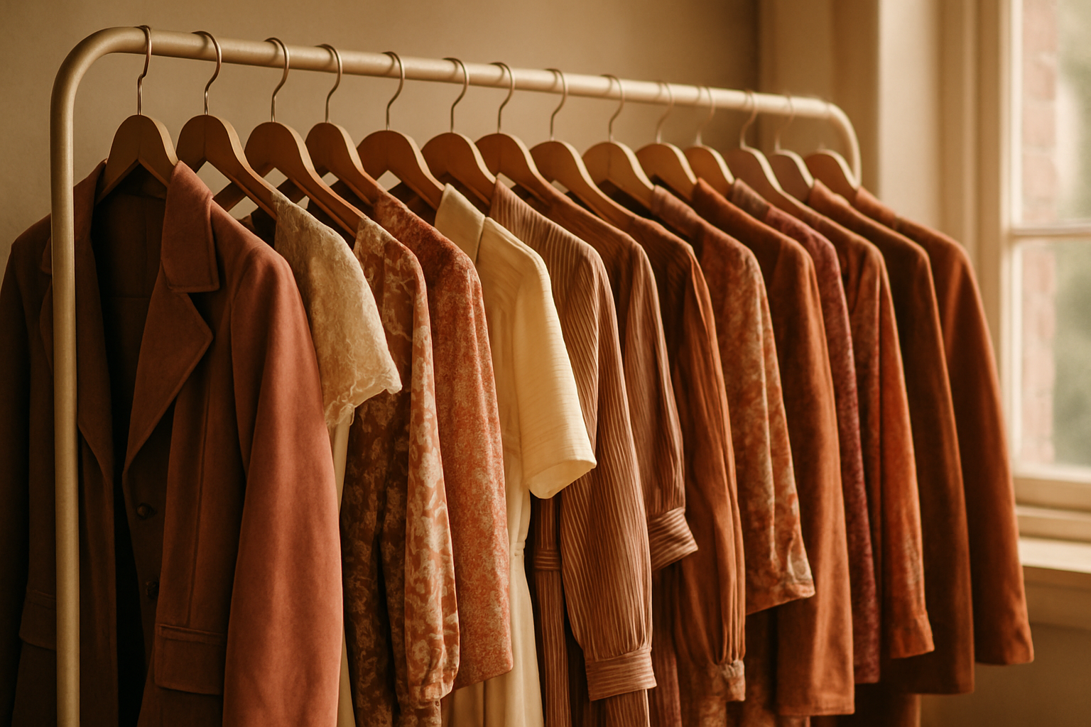Warm film-style photo of a curated rack of 70s and 80s vintage jackets and dresses in dusty rose, warm brown, and faded copper tones