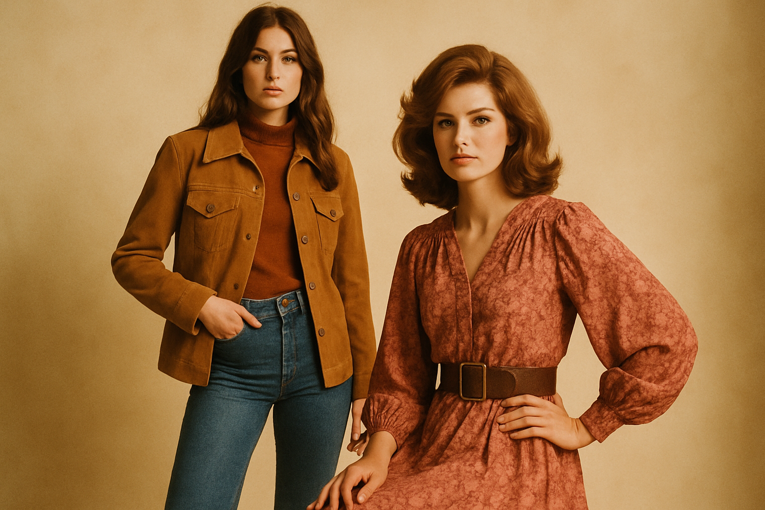 Two models in curated 70s and 80s vintage outfits in warm, sun-faded studio light